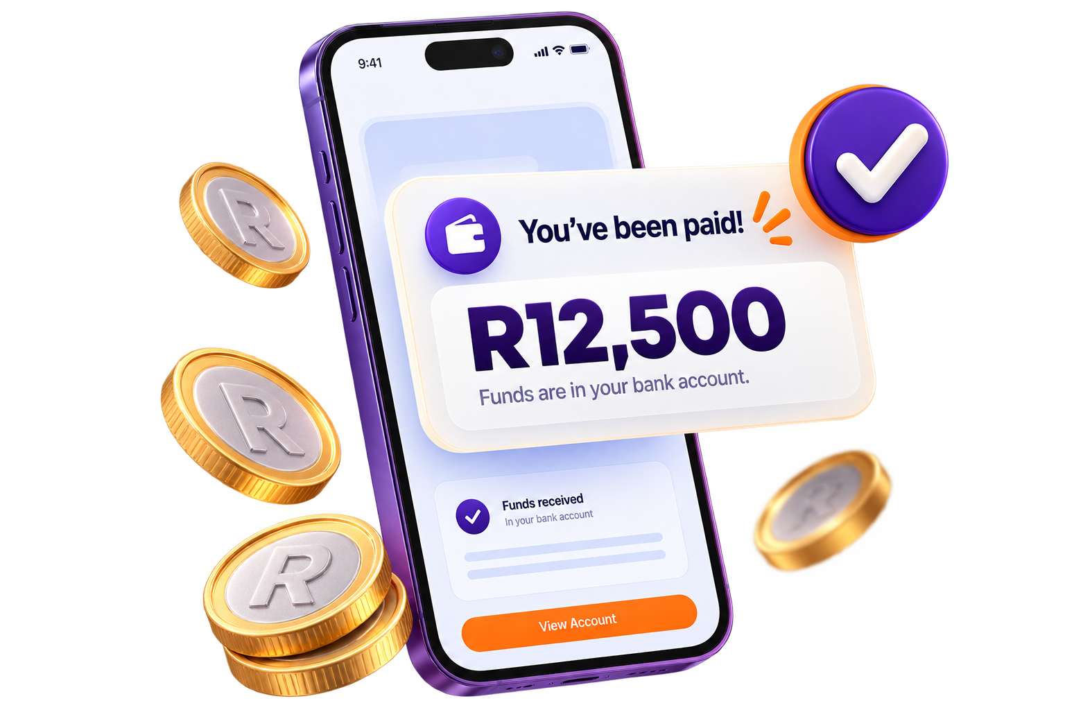 Phone showing a payout confirmation of R12 500 with falling rand coins