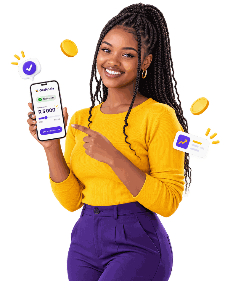 Smiling GetMoola customer holding a phone while comparing loan options